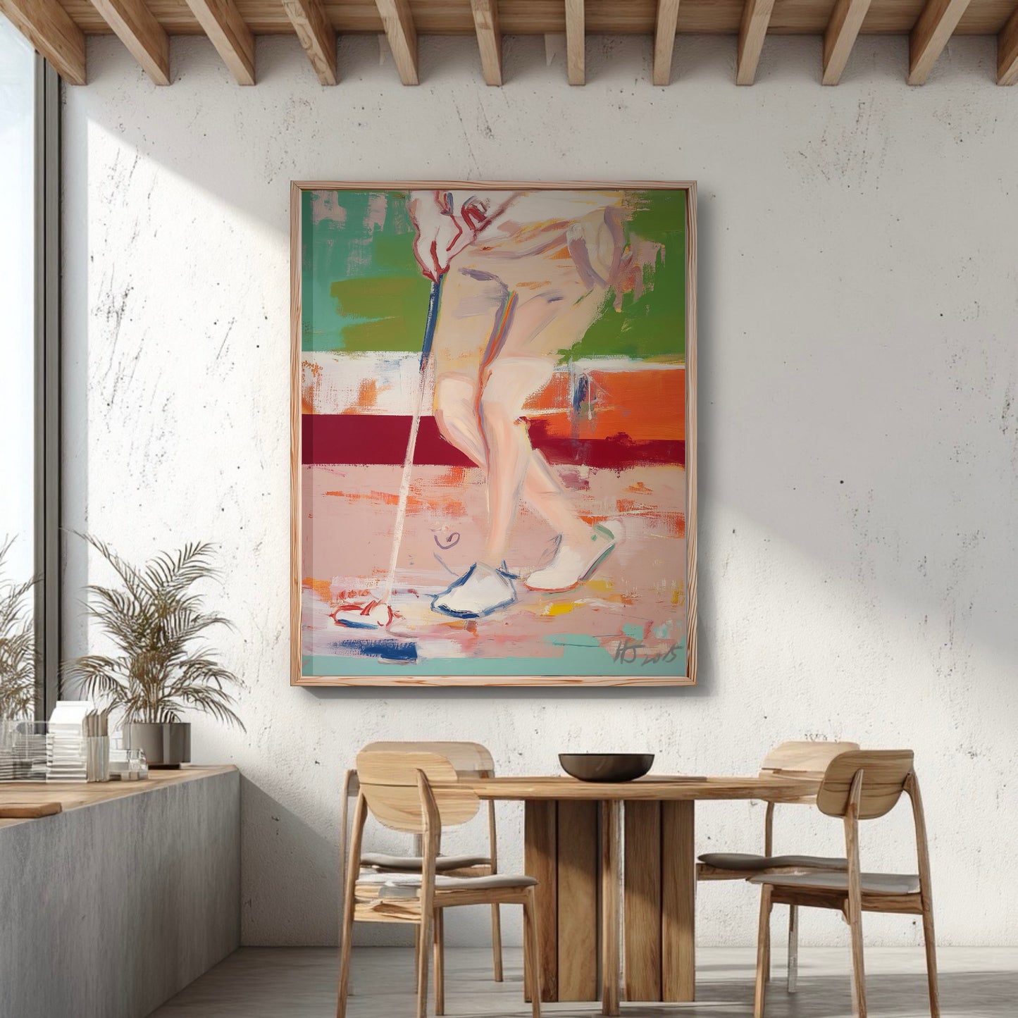 Hand-painted impressionist golf artwork in an industrial dining space. Soft colors contrast against the raw concrete wall.