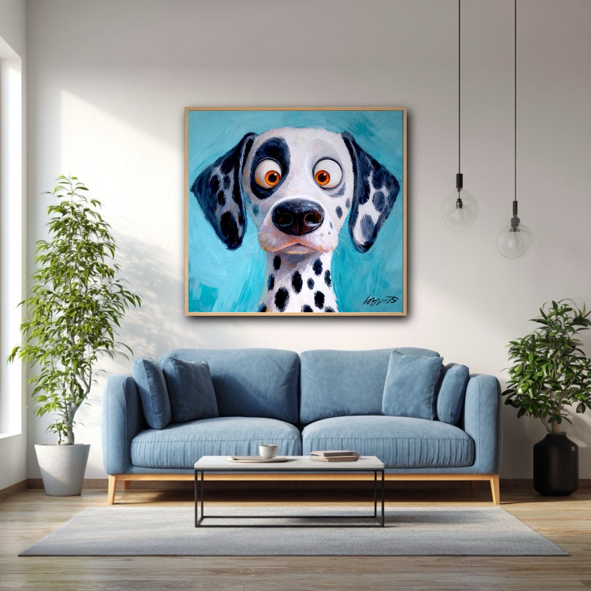 Whimsical Dalmatian painting hangs in a bright, modern living room above a blue sofa, flanked by green plants.