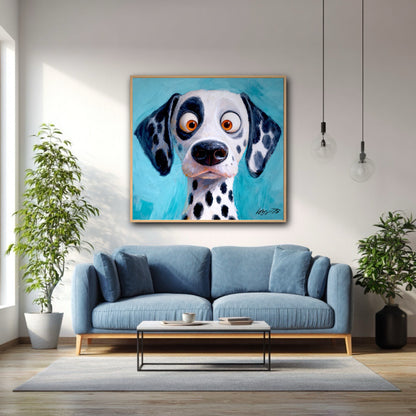 Whimsical Dalmatian painting hangs in a bright, modern living room above a blue sofa, flanked by green plants.