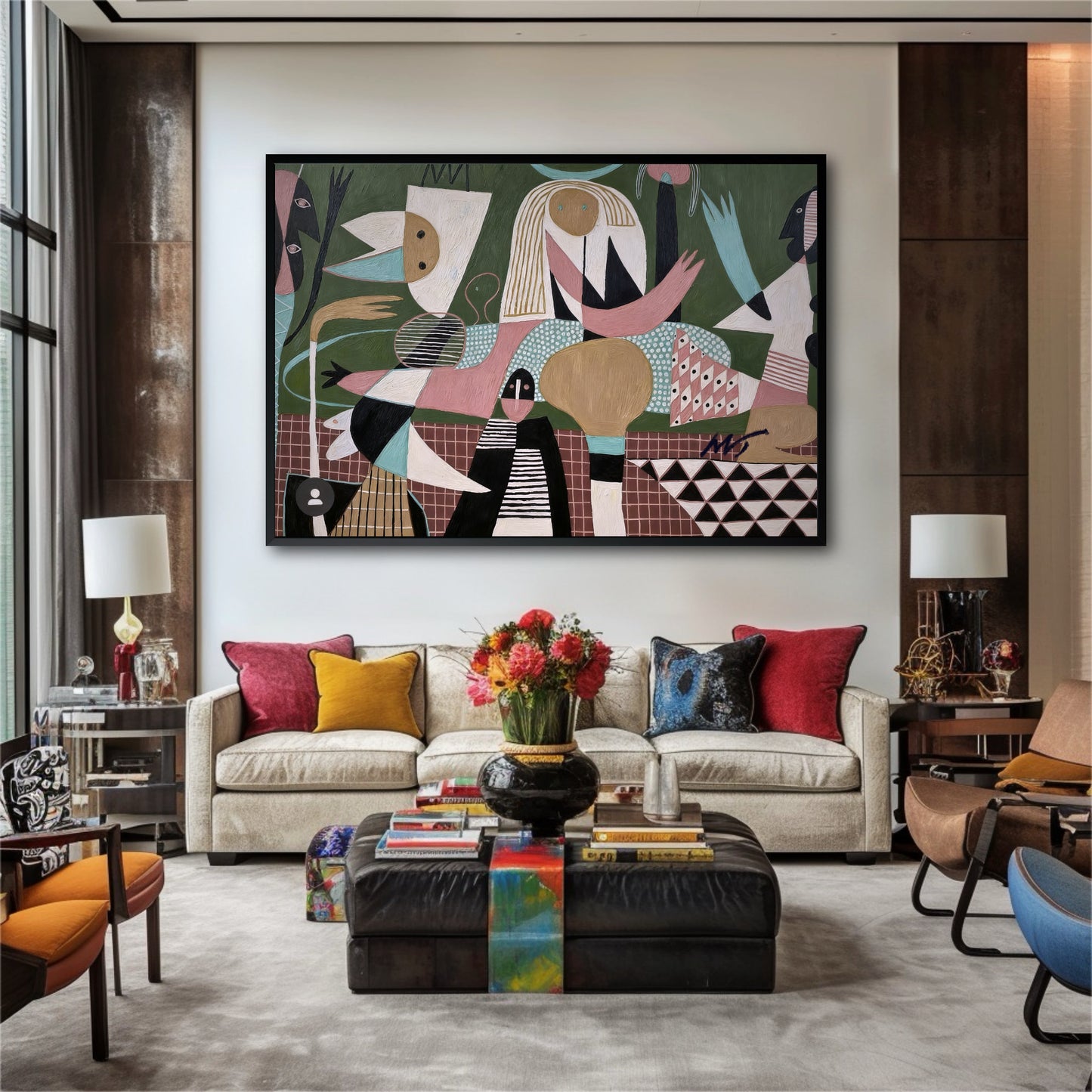 This large abstract painting unifies the eclectic living room, pulling together the colorful pillows and decor against the neutral sofa.