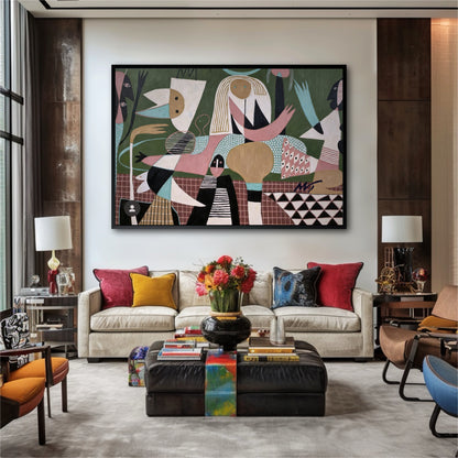 This large abstract painting unifies the eclectic living room, pulling together the colorful pillows and decor against the neutral sofa.