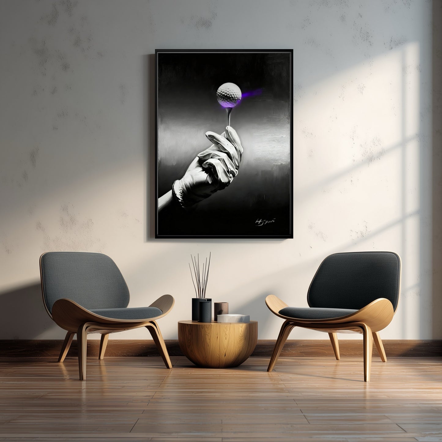 Original monochromatic golf painting centered in a minimalist lounge. Cool grey tones harmonize with modern seating.