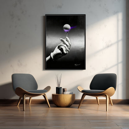 Original monochromatic golf painting centered in a minimalist lounge. Cool grey tones harmonize with modern seating.