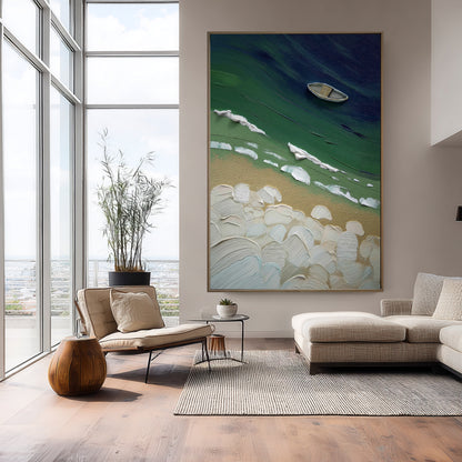 Oversized vertical original impasto boat art contrasting the bright, high-ceiling window light, adding a deep, contemplative coastal element.