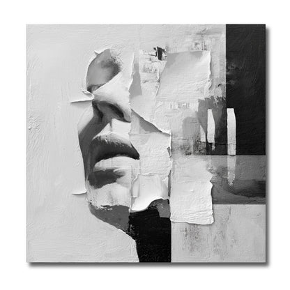Black and white abstract face painting. Textured modern canvas art. Contemporary, minimalist statement piece for wall decor.