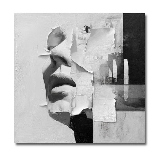 Black and white abstract face painting. Textured modern canvas art. Contemporary, minimalist statement piece for wall decor.