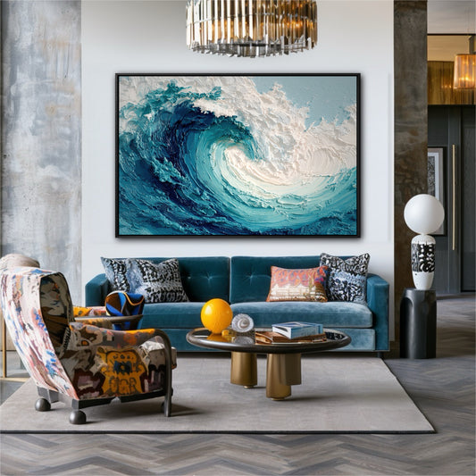 The abstract wave painting unifies the eclectic room, its blue tones matching the velvet sofa and its rough texture matching the concrete wall.
