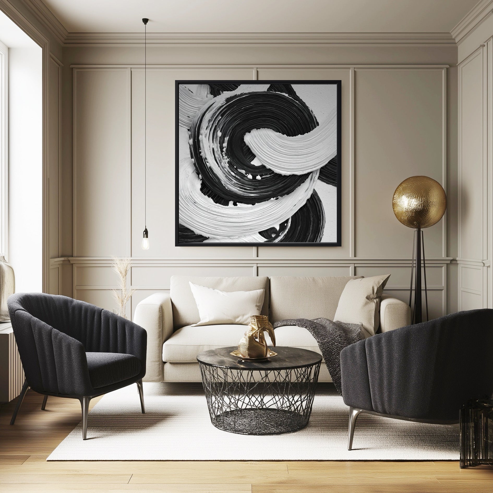 Square black and white abstract painting on a wall with classic molding above a sofa in a neoclassical living room.
