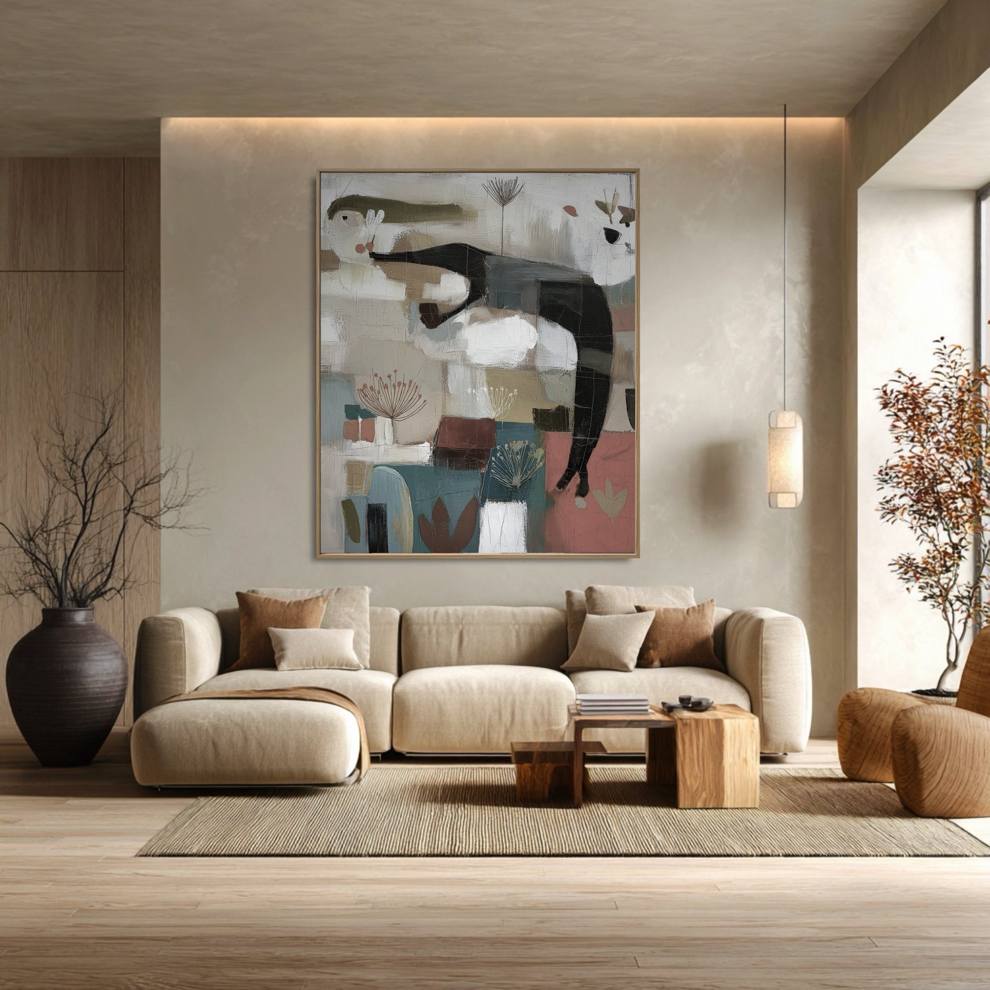 Original whimsical art above a plush sectional enhances the serene, minimalist living room's soft, neutral palette.