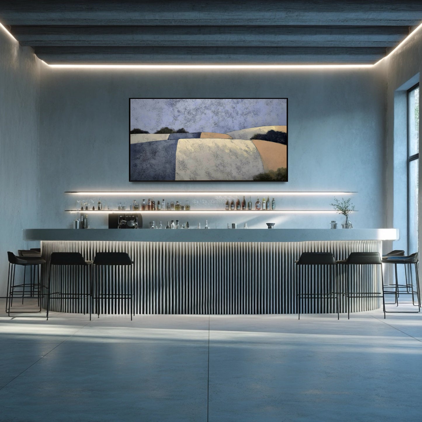 Original abstract landscape artwork illuminating a contemporary bar area. Sleek, industrial-style space with bright recessed strip lighting.