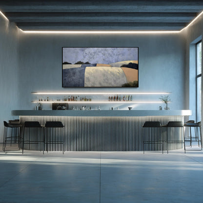 Original abstract landscape artwork illuminating a contemporary bar area. Sleek, industrial-style space with bright recessed strip lighting.