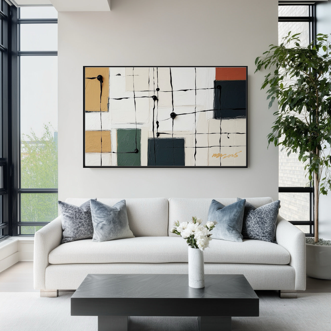 Modern art anchoring a sleek white sofa with blue pillows, perfectly situated against large black-framed city windows.