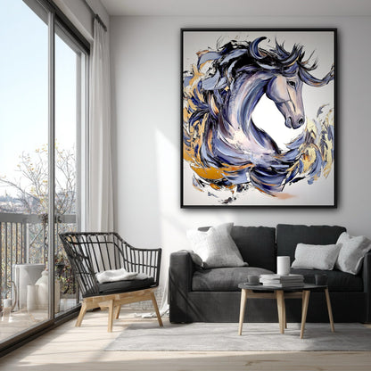 A dynamic abstract horse painting provides a burst of energy above a dark grey sofa in a bright, modern room with a balcony.