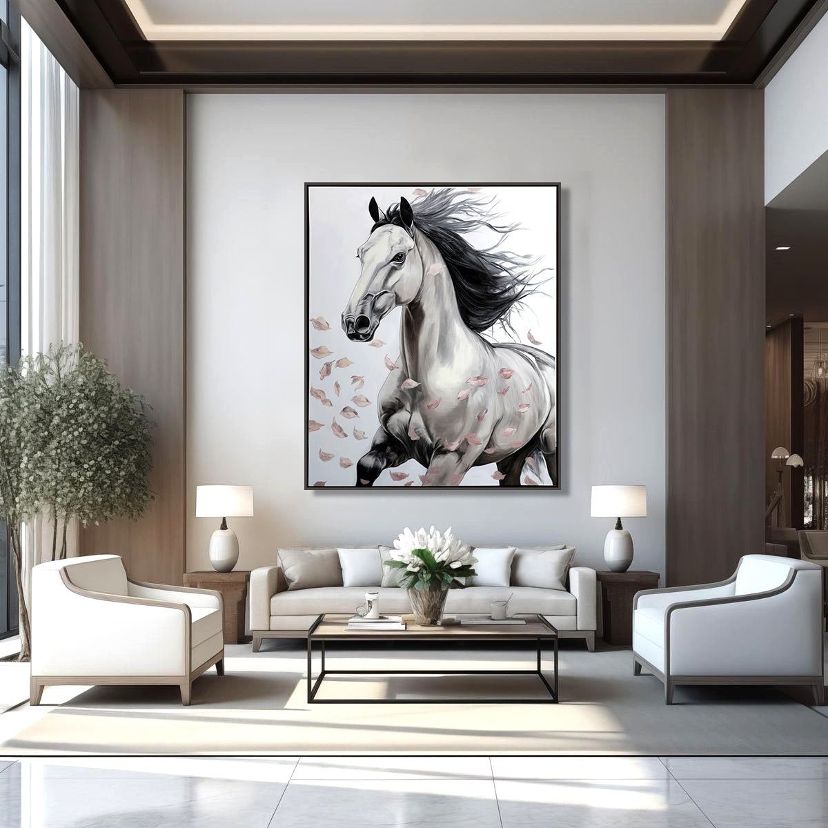 Dynamic horse art provides a focal point in a luxurious neutral living space with symmetrical white armchairs and lamps.