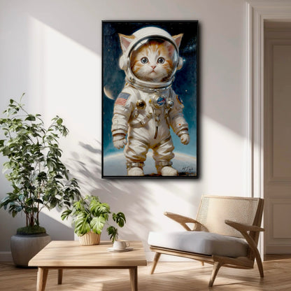 An astronaut cat painting hangs on a white wall in a bright, plant-filled living room, positioned above a modern rattan chair.