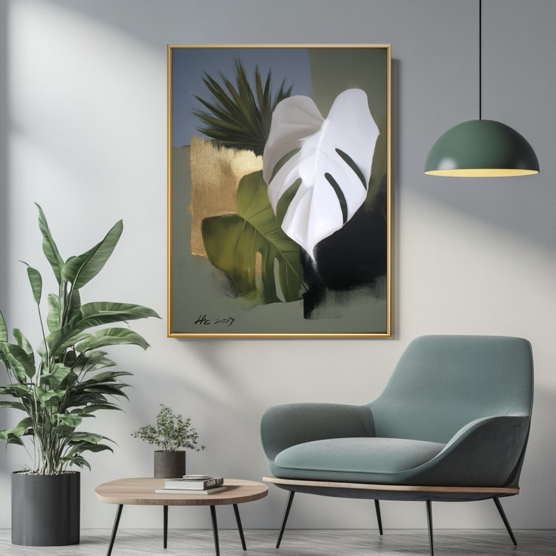 Modern abstract botanical painting in a minimal reading nook. The art's cool tones and gold accent pair with the teal armchair.