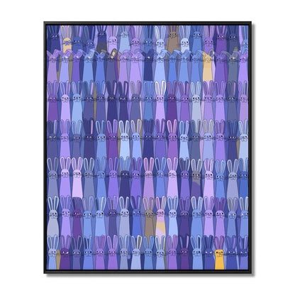 Original, cold-tone, violet/blue abstract rabbit painting; promoting unique vision, deep texture/movement, cool atmosphere.