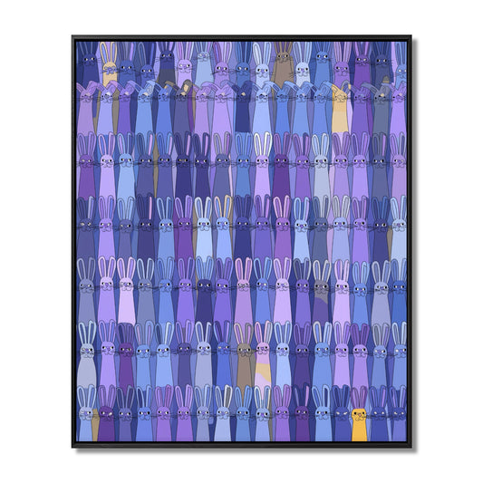 Original, cold-tone, violet/blue abstract rabbit painting; promoting unique vision, deep texture/movement, cool atmosphere.