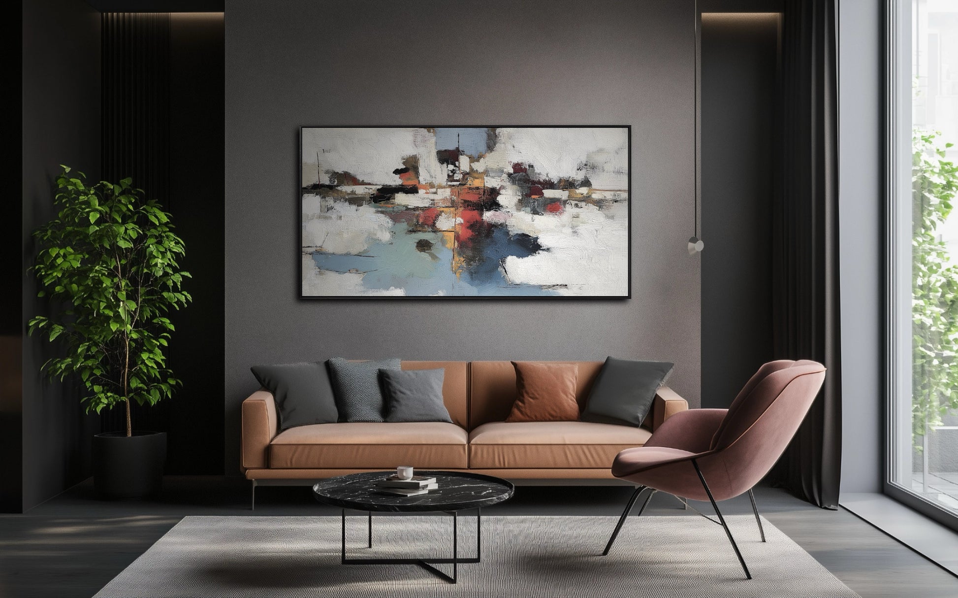 Textured urban reflection art complementing the rich wood tones and green velvet chairs, adding complexity to the transitional space.