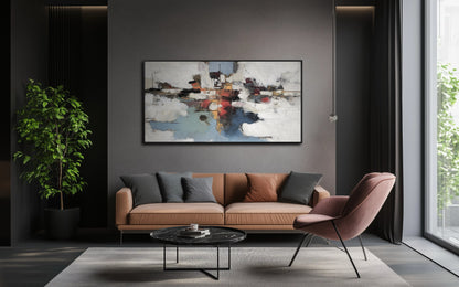 Textured urban reflection art complementing the rich wood tones and green velvet chairs, adding complexity to the transitional space.