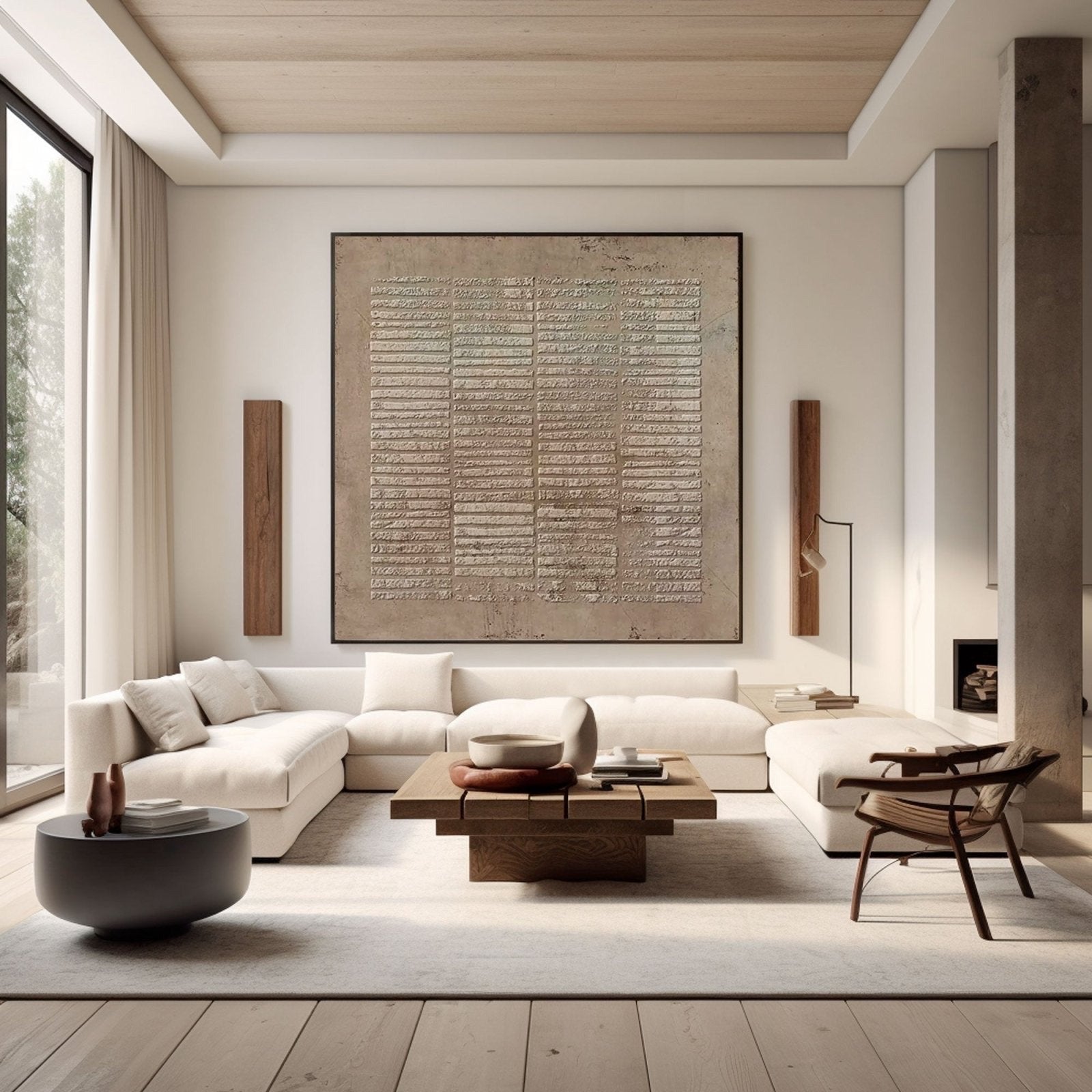 Original art as the focal point in a large, bright living room with modern white sofas and wood accents on the ceiling.