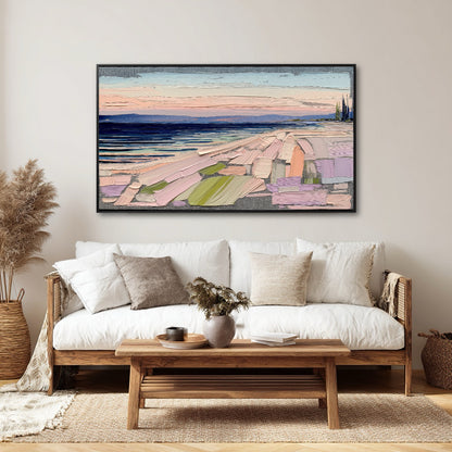 Impasto painting over a white cushioned wooden sofa in a bright, cozy, bohemian living room with natural textures.