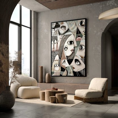 The abstract art's complex patterns enhance the organic feel of a room with textured concrete walls, large windows, and natural wood tables.