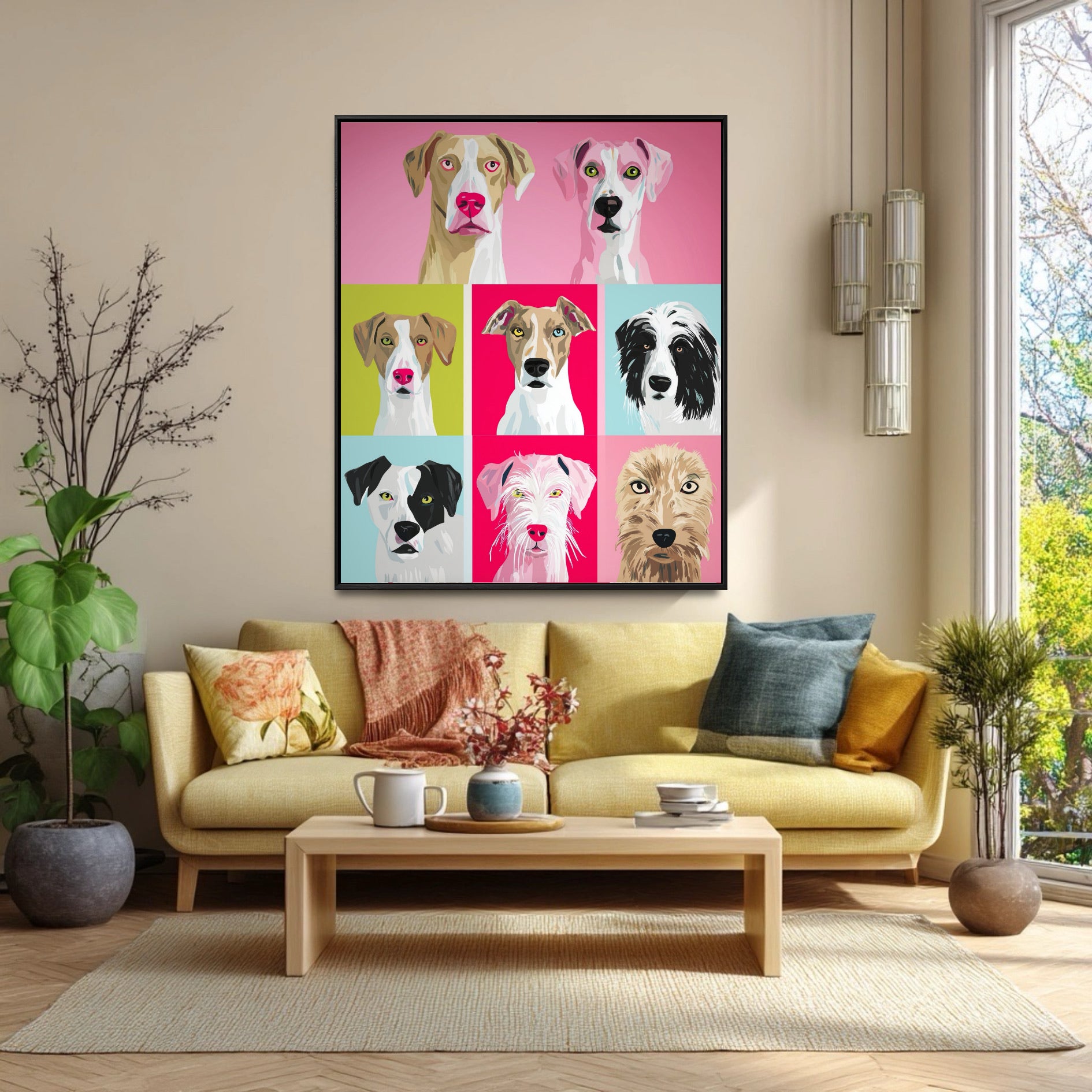 Bold pop art dog canvas hangs over a yellow sofa in a contemporary, sunlit living room. Neutral walls create a relaxed and modern vibe.