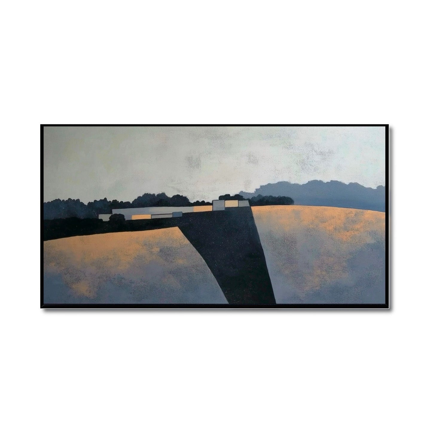Original abstract landscape painting on canvas; modern fine art with cold and neutral blue/grey, black, and gold tones.
