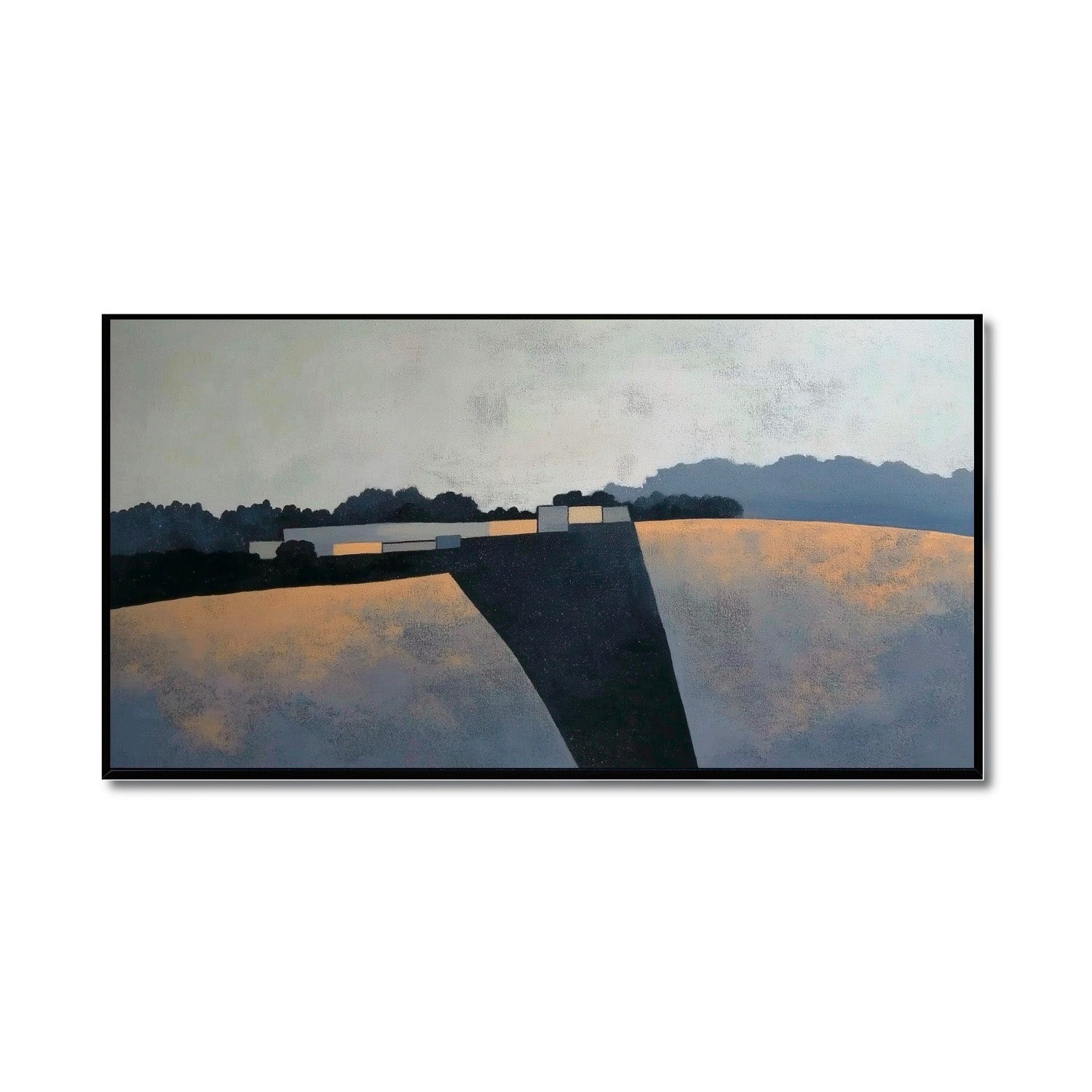Original abstract landscape painting on canvas; modern fine art with cold and neutral blue/grey, black, and gold tones.