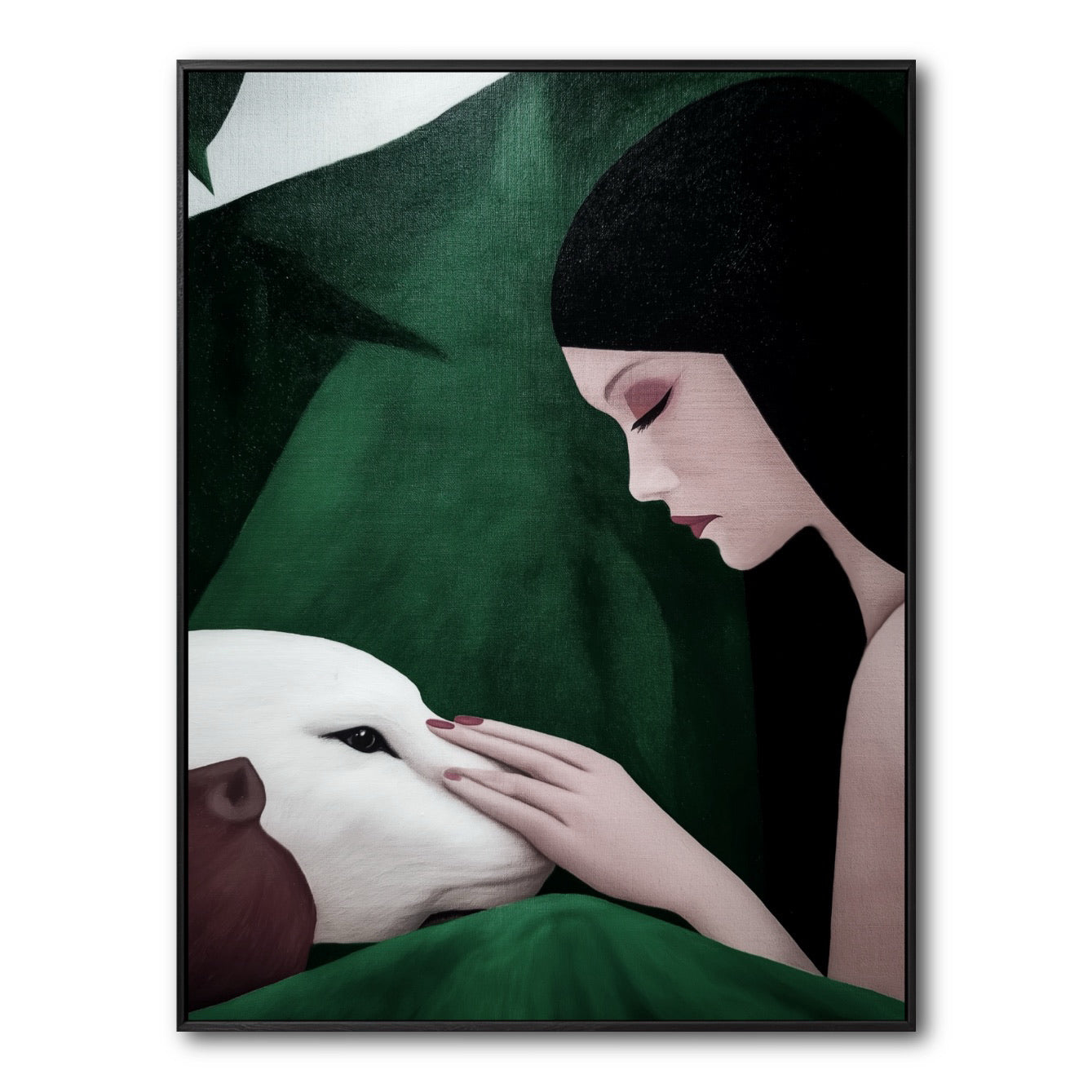 Original oil painting: Woman touching white panther's face. Cool green backdrop, warm skin tones, contemporary figurative art.