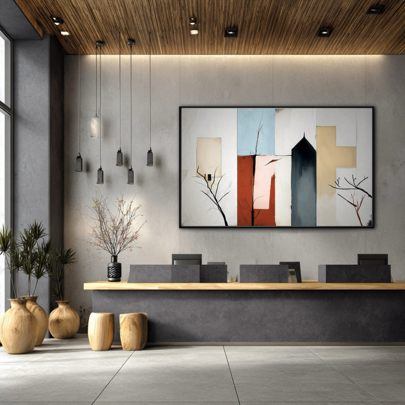 Horizontal abstract art adds a modern, structured focal point above a gray and wood reception desk in a contemporary commercial space.