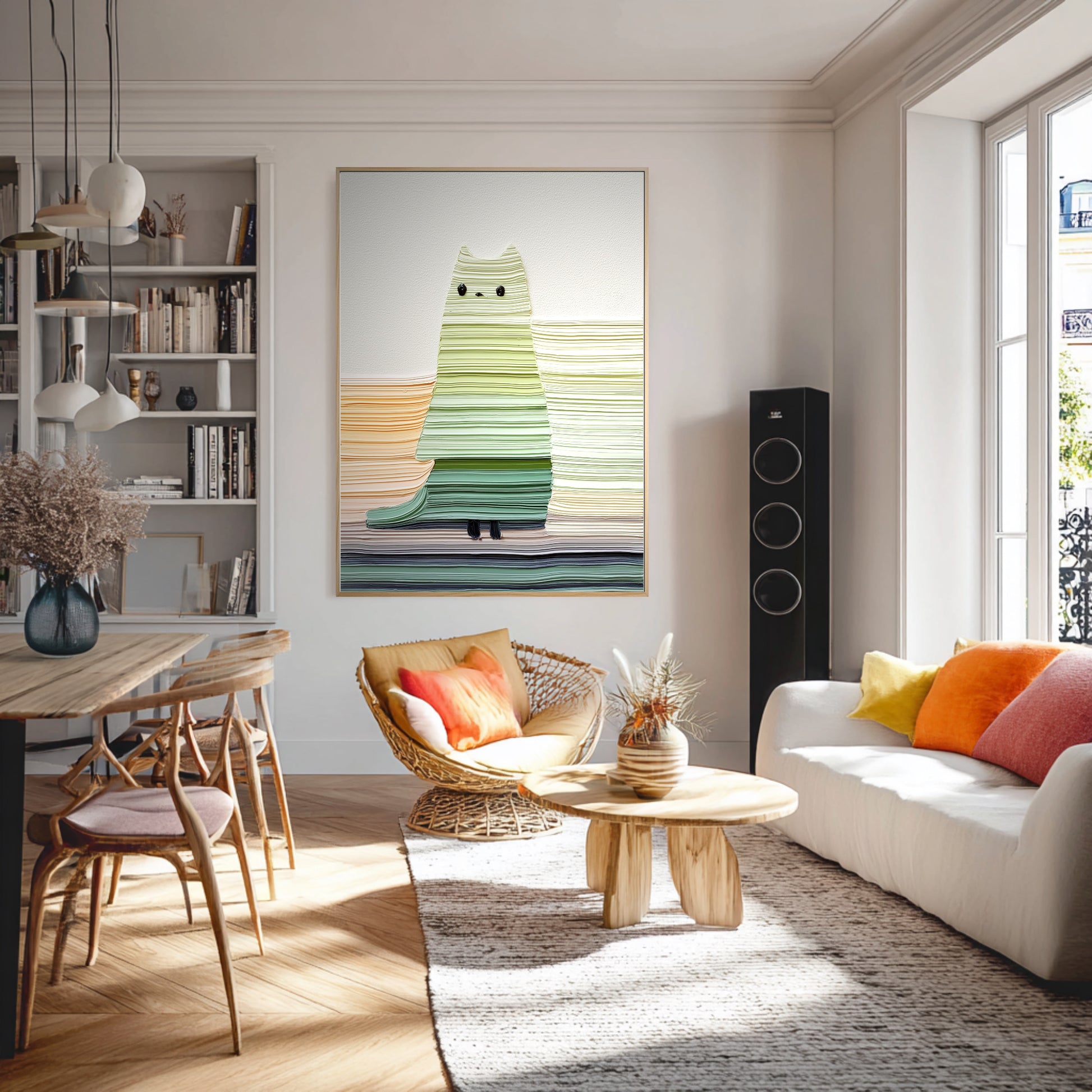 Abstract striped cat fine art complements the natural wood and woven textures in a bright, bohemian-style dining and living area.