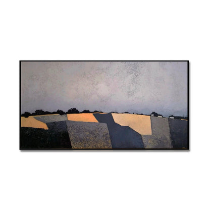 Original abstract landscape oil painting, contemporary textured art, neutral warm tones, fields, hills, modern wall decor.