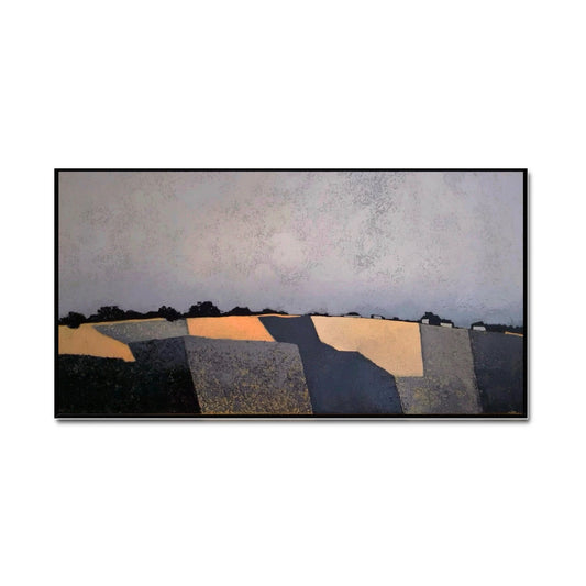 Original abstract landscape oil painting, contemporary textured art, neutral warm tones, fields, hills, modern wall decor.