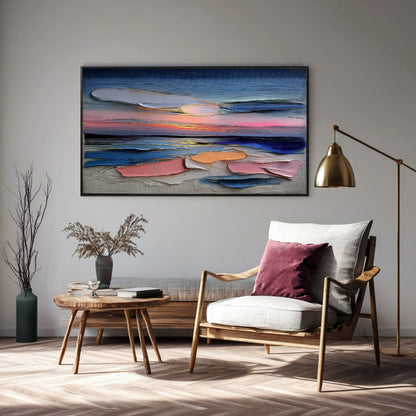Colorful impasto art in a mid-century modern reading corner with a comfortable chair, dark pillow, and warm brass floor lamp.