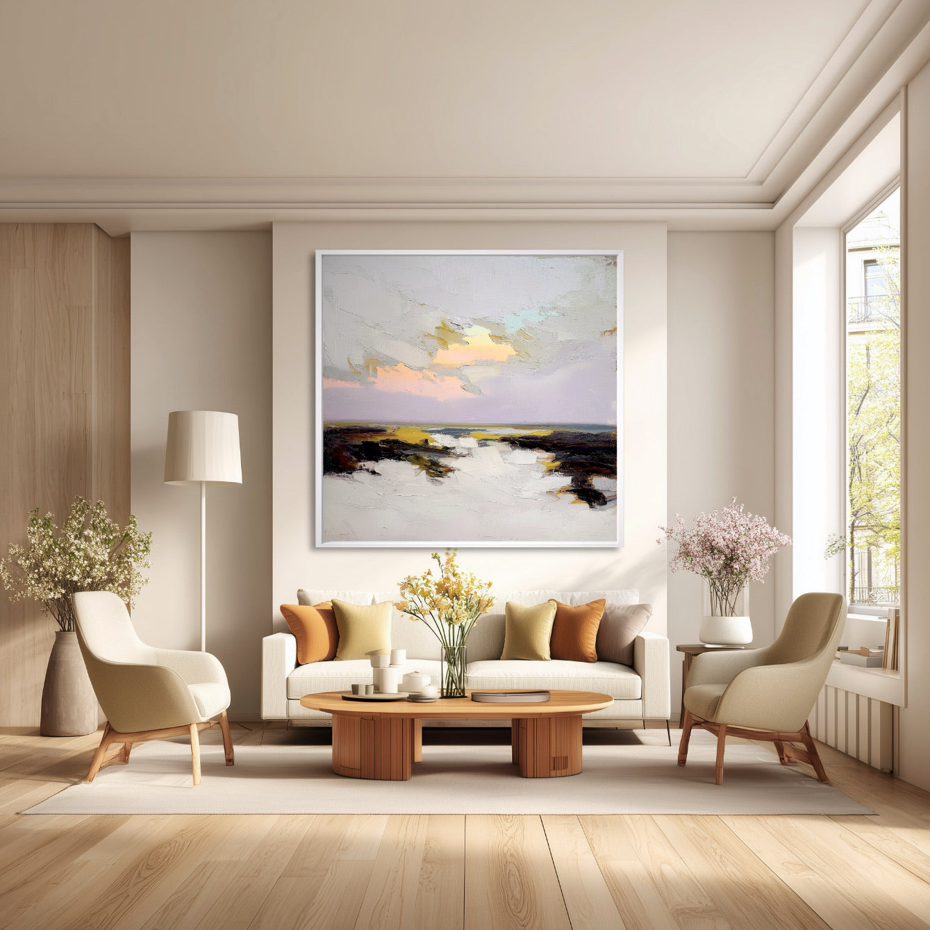 Modern living room with a painting on the wall, sofa, and decorative items.