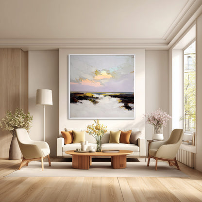 Modern living room with a painting on the wall, sofa, and decorative items.