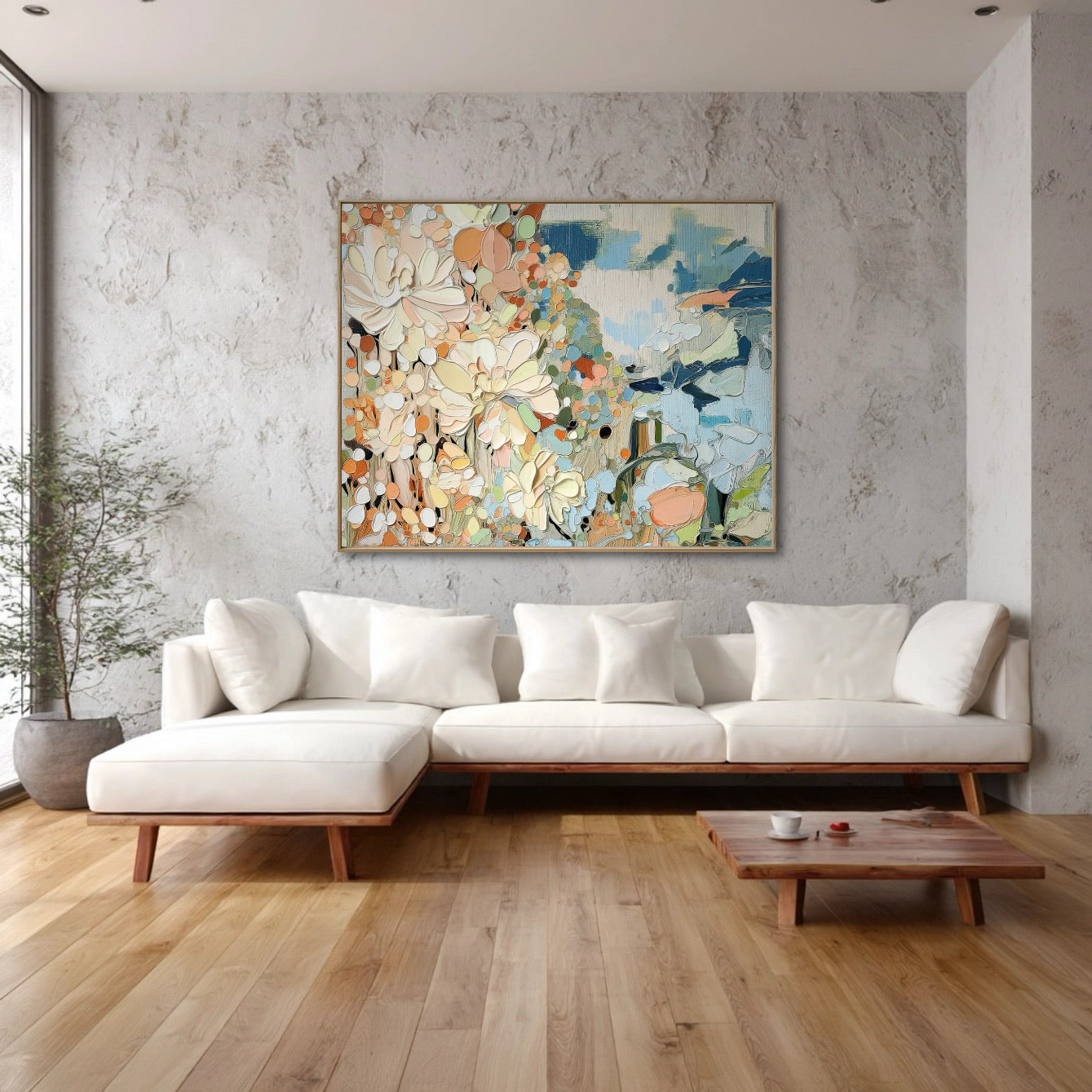 Textured original floral abstract contrasts beautifully with the raw, concrete-like wall and organic modern sofa and wood furniture.