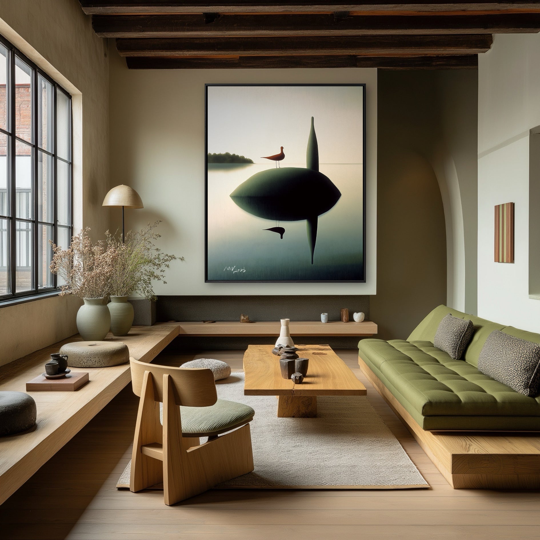 A large reflective bird painting enhances the calm, meditative mood of a sunlit Japandi-style lounge with wooden beams.
