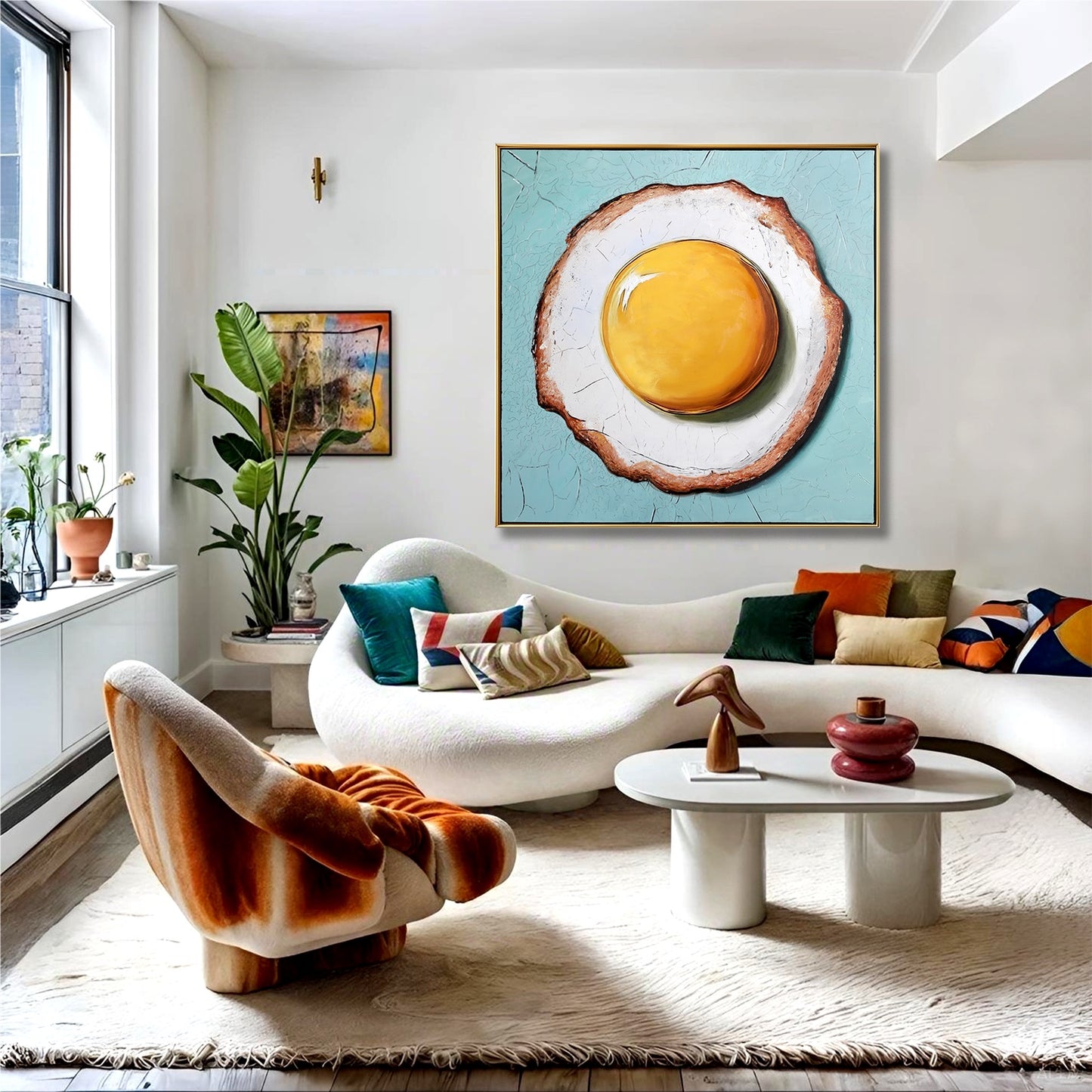 Oversized egg on toast painting in sunlit boho living room. Cool blue art balances warm velvet textures and curved white sofa.