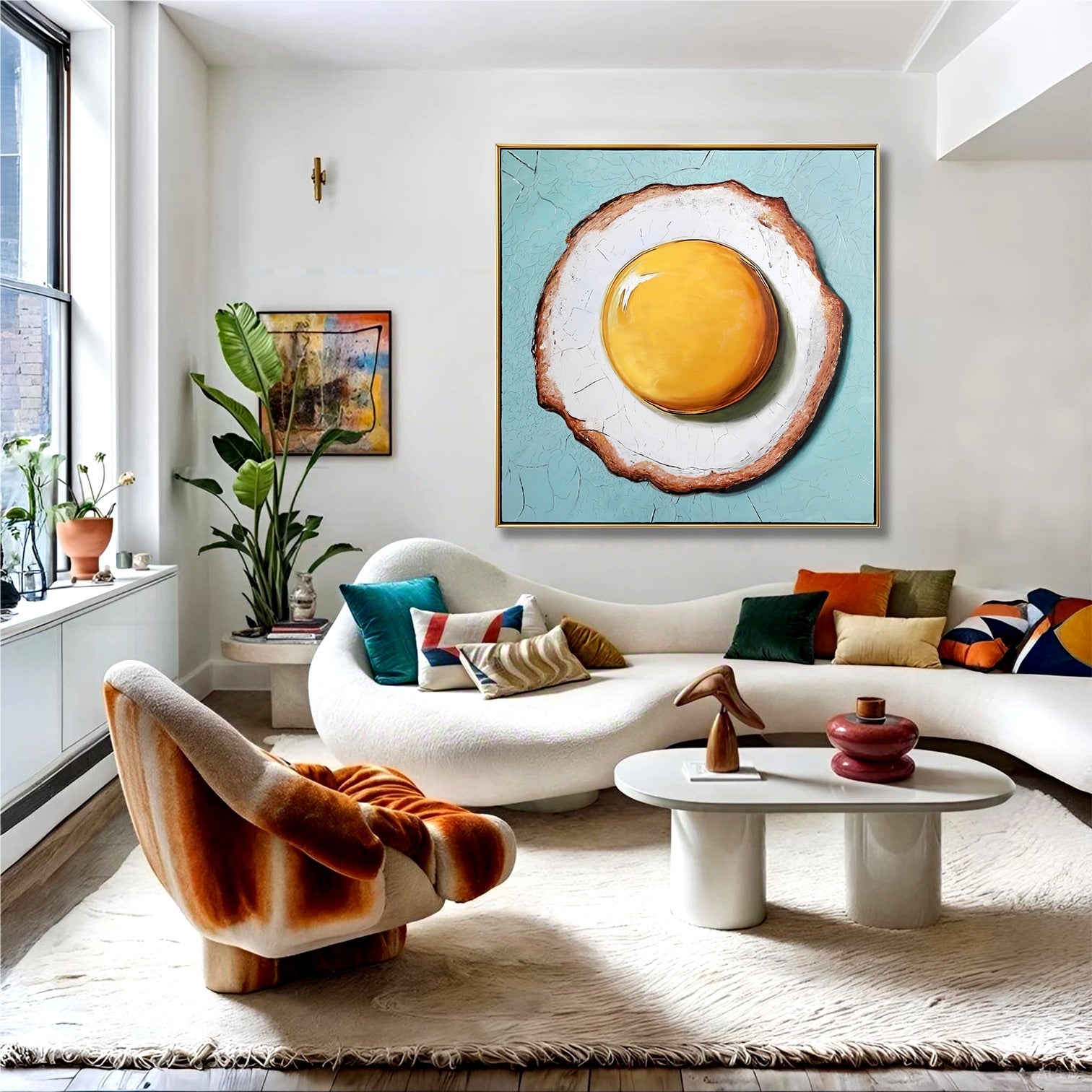 Oversized egg on toast painting in sunlit boho living room. Cool blue art balances warm velvet textures and curved white sofa.