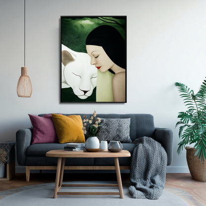 Original oil painting accents a cozy living area. Charcoal grey sofa, natural wood table, woven pendant, and neutral walls with color pops.