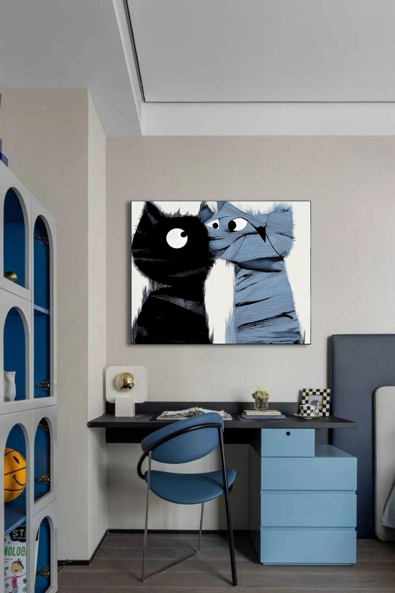 Cool blue and black cat art focal point above a dark desk, enhancing a bright, modern child's or teen's room with blue shelves.