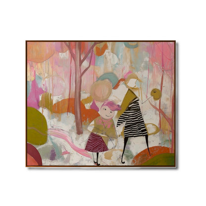 Original hand-painted abstract art; mother & child, joyful warm pink & green tones. Unique texture, movement, vivid.