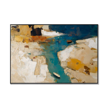 Original hand-painted abstract canyon oil art. Dynamic warm ochre & cool teal contrast, textured landscape style.