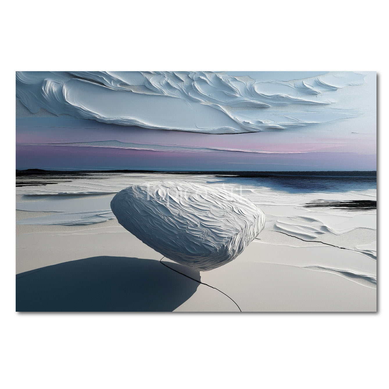 Original abstract cool landscape: vertical textured white stone floating over an ocean horizon with a purple impasto sky.
