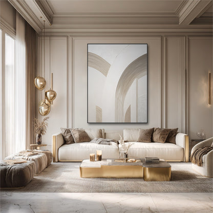 Large architectural arch painting in a luxurious neoclassical living room with a gold coffee table and wall paneling.