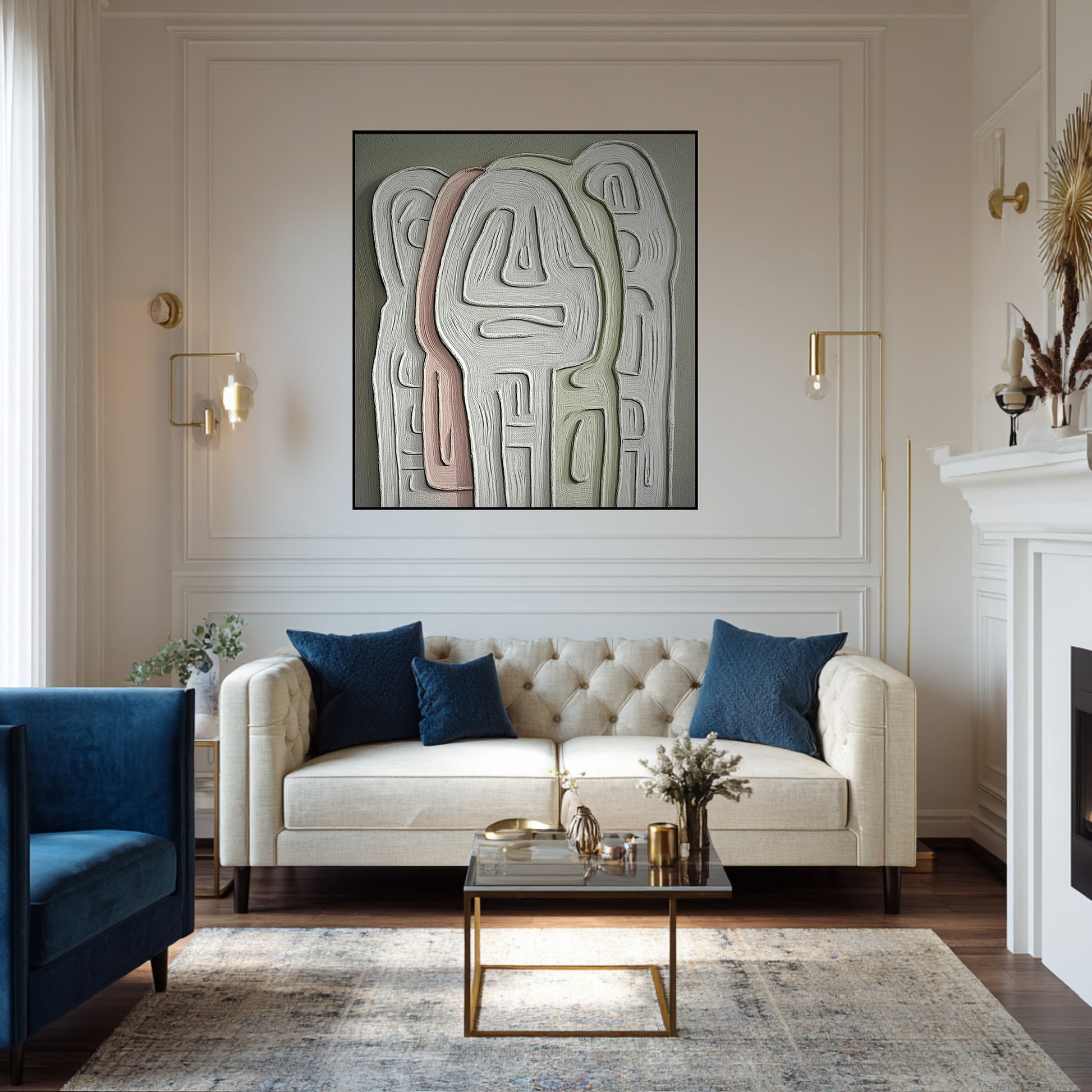  Textured abstract art above a tufted velvet sofa in a classic glam living room with gold accent lighting and wall molding.