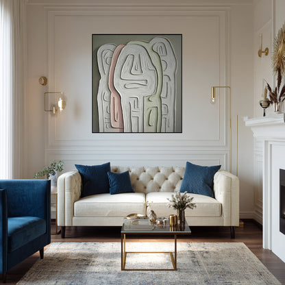  Textured abstract art above a tufted velvet sofa in a classic glam living room with gold accent lighting and wall molding.